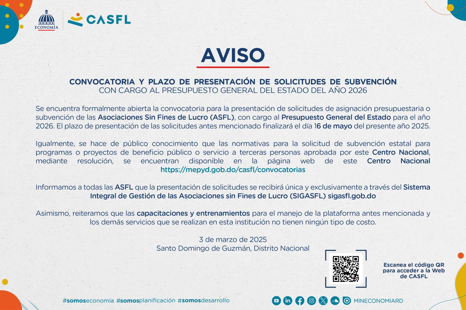 CASFL anuncia está abierta convocatoria para presentación de solicitudes de subvención de las ASFL con cargo al Presupuesto General del Estado de 2026